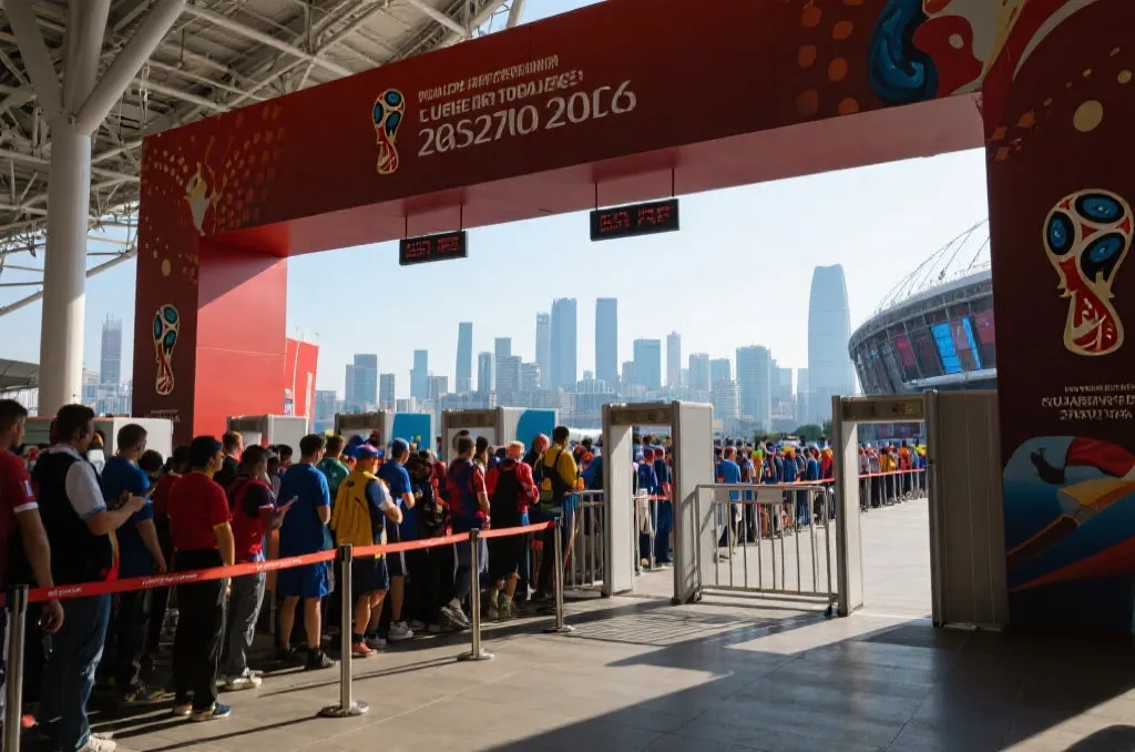 世界杯球场入口安检通道与球迷排队秩序井然